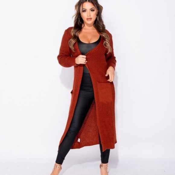 Chunky Knit Long Sleeve Open Front Long Maxi Cardigan Sweater Duster - Picture 7 of 8